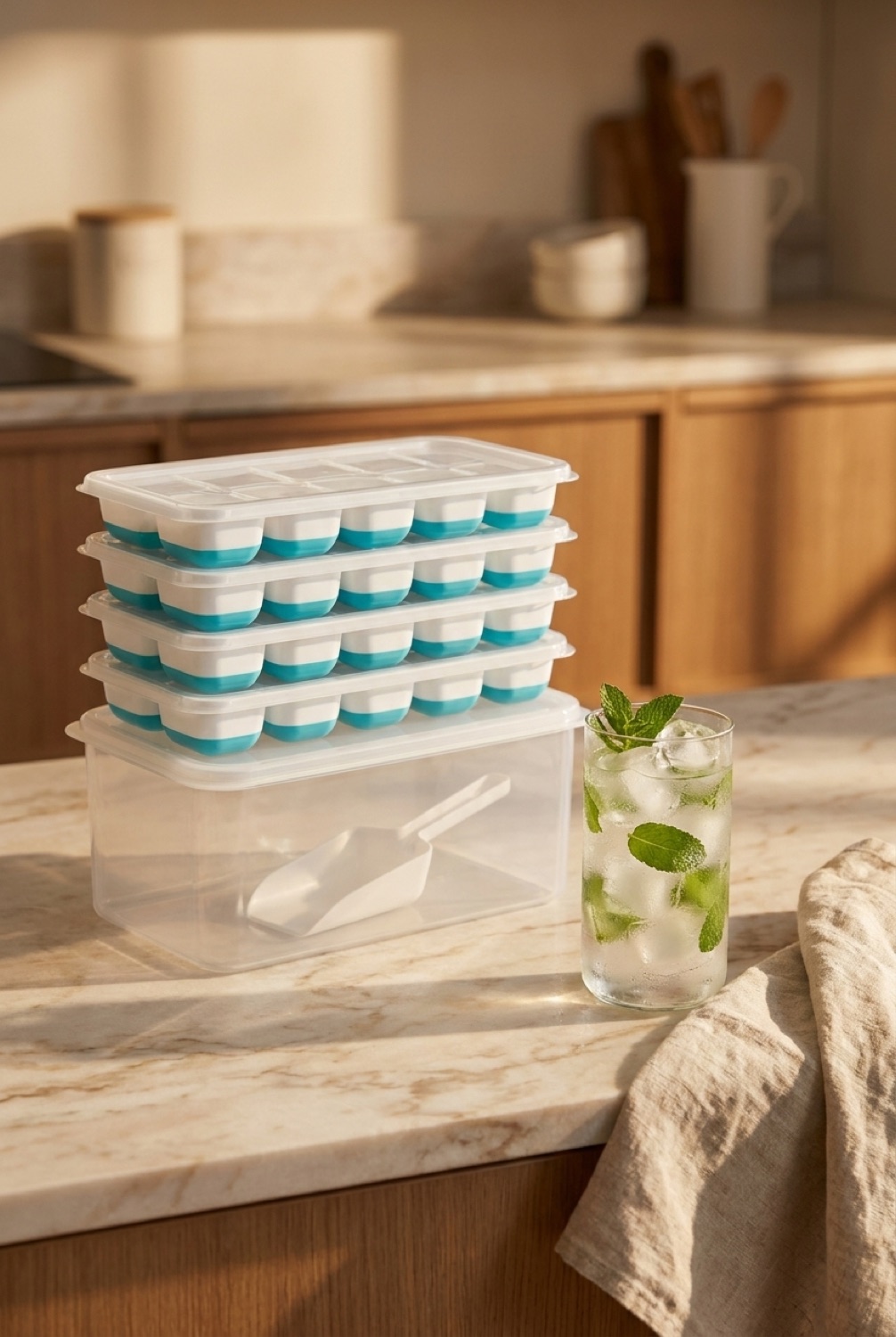Silicone ice cube trays on a warm marble counter beside a glass of iced water with mint