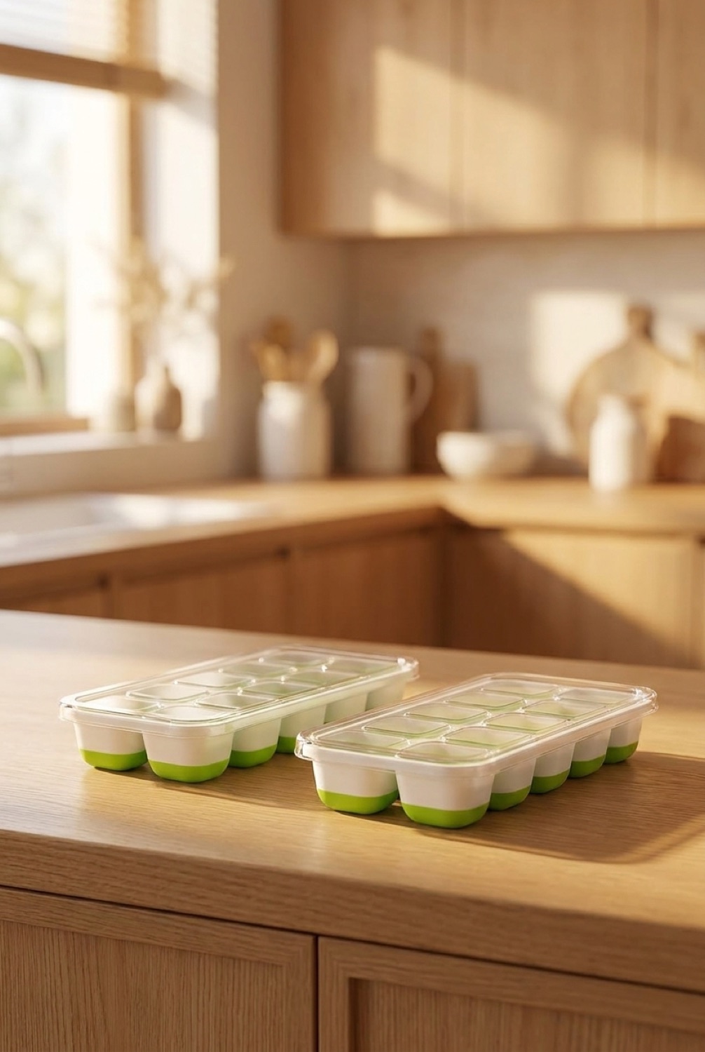 ice cube trays on a warm oak kitchen counter in soft golden-hour light
