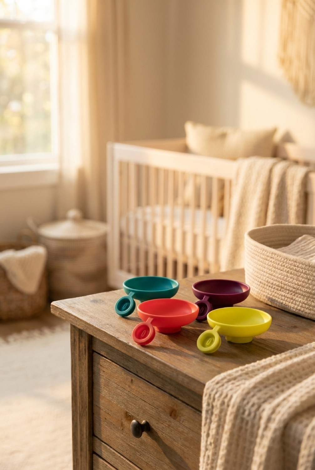 ice pop holder in a calm soft nursery in soft golden-hour light