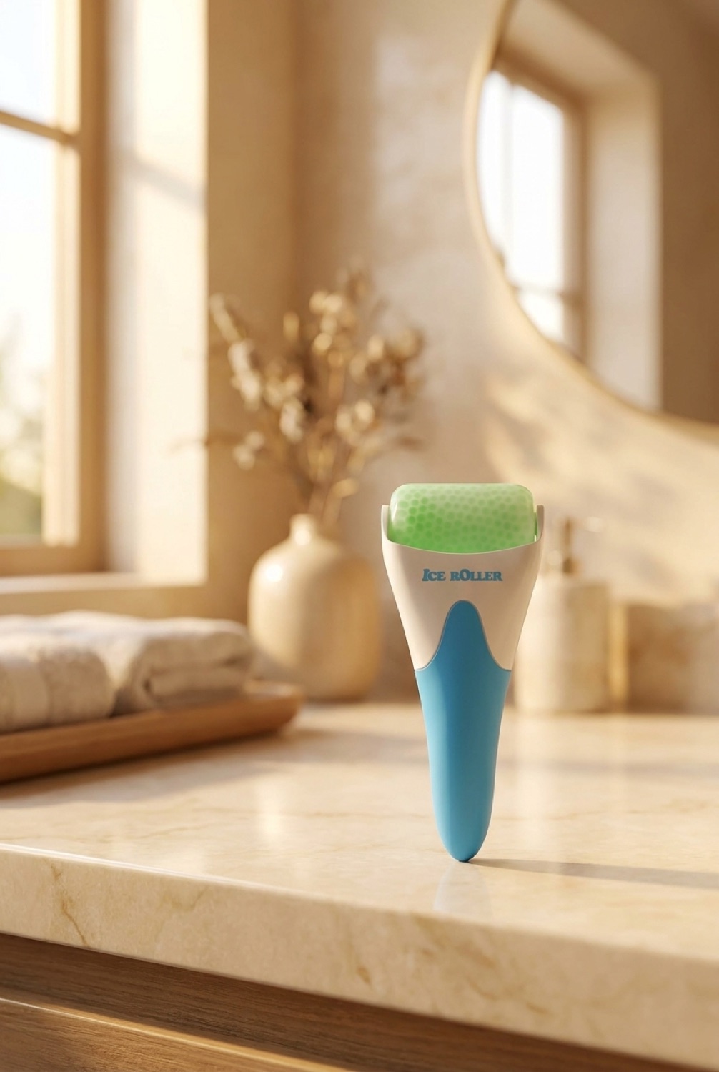 ice roller on a calm bathroom vanity in soft golden-hour light