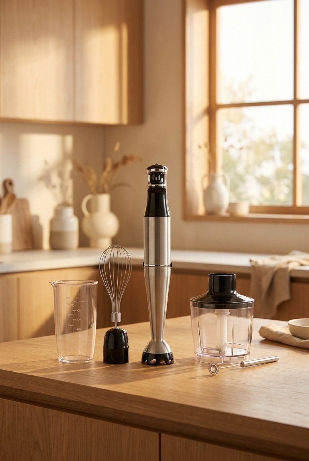 immersion blender on a warm oak kitchen counter in soft golden-hour light