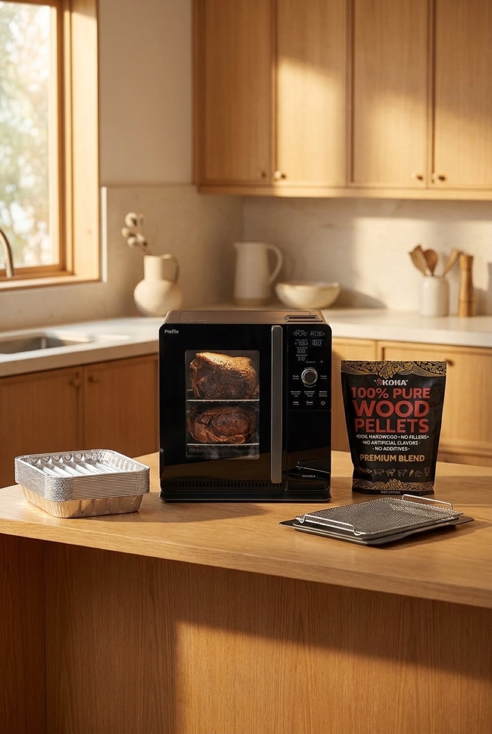 indoor pellet smoker on a warm oak kitchen counter in soft golden-hour light