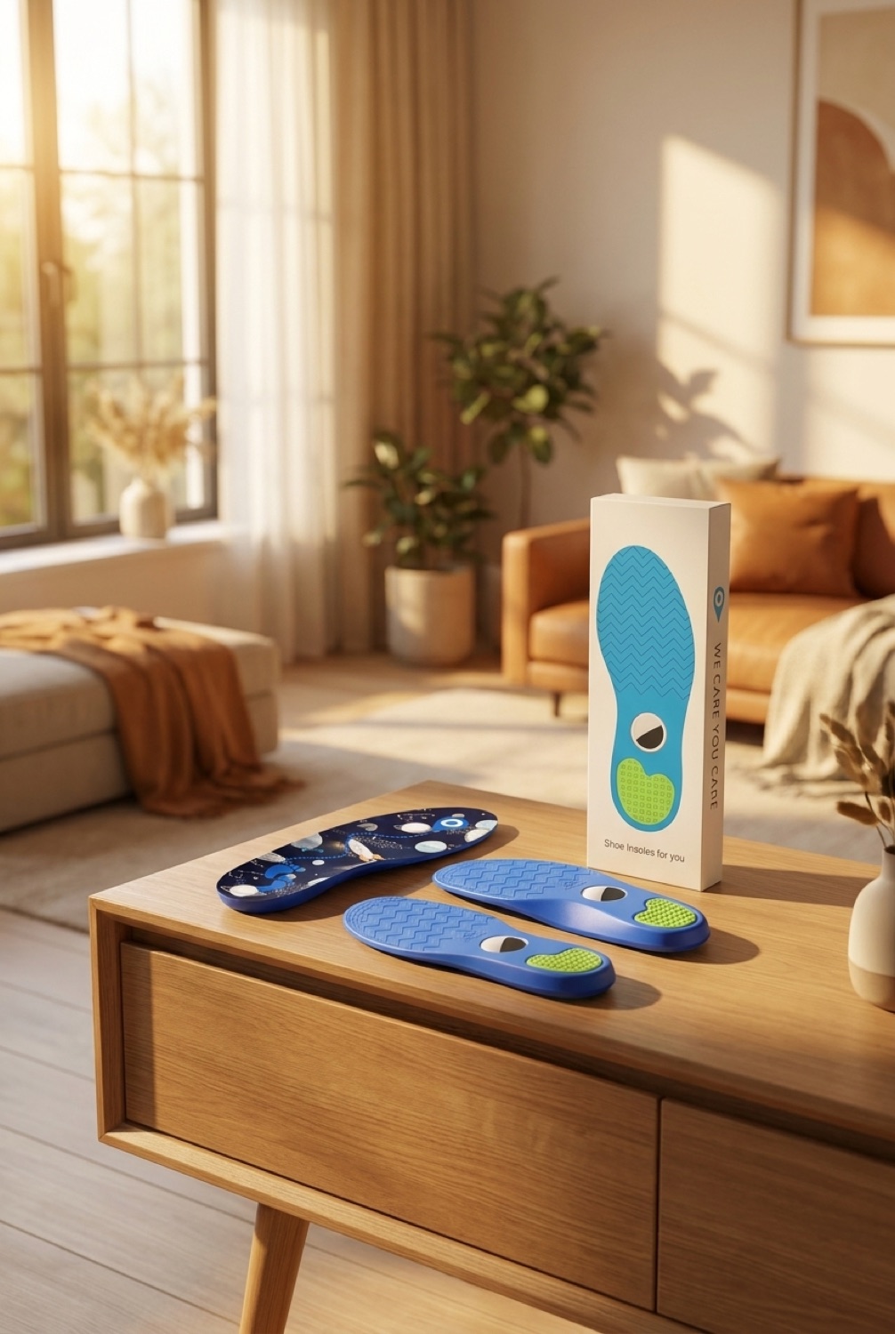 insole airtag holder on a clean modern console in soft golden-hour light