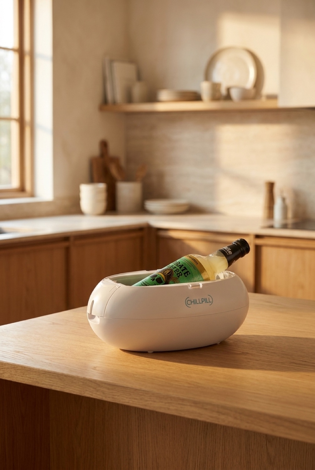 instant beverage chiller on a warm oak kitchen counter in soft golden-hour light