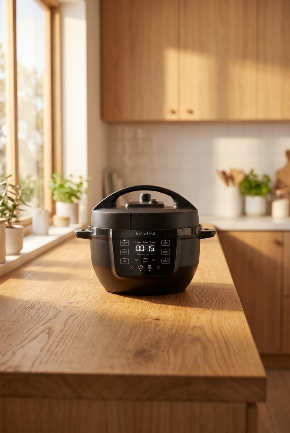 Instant Pot Mini on a warm oak kitchen counter in soft golden-hour light