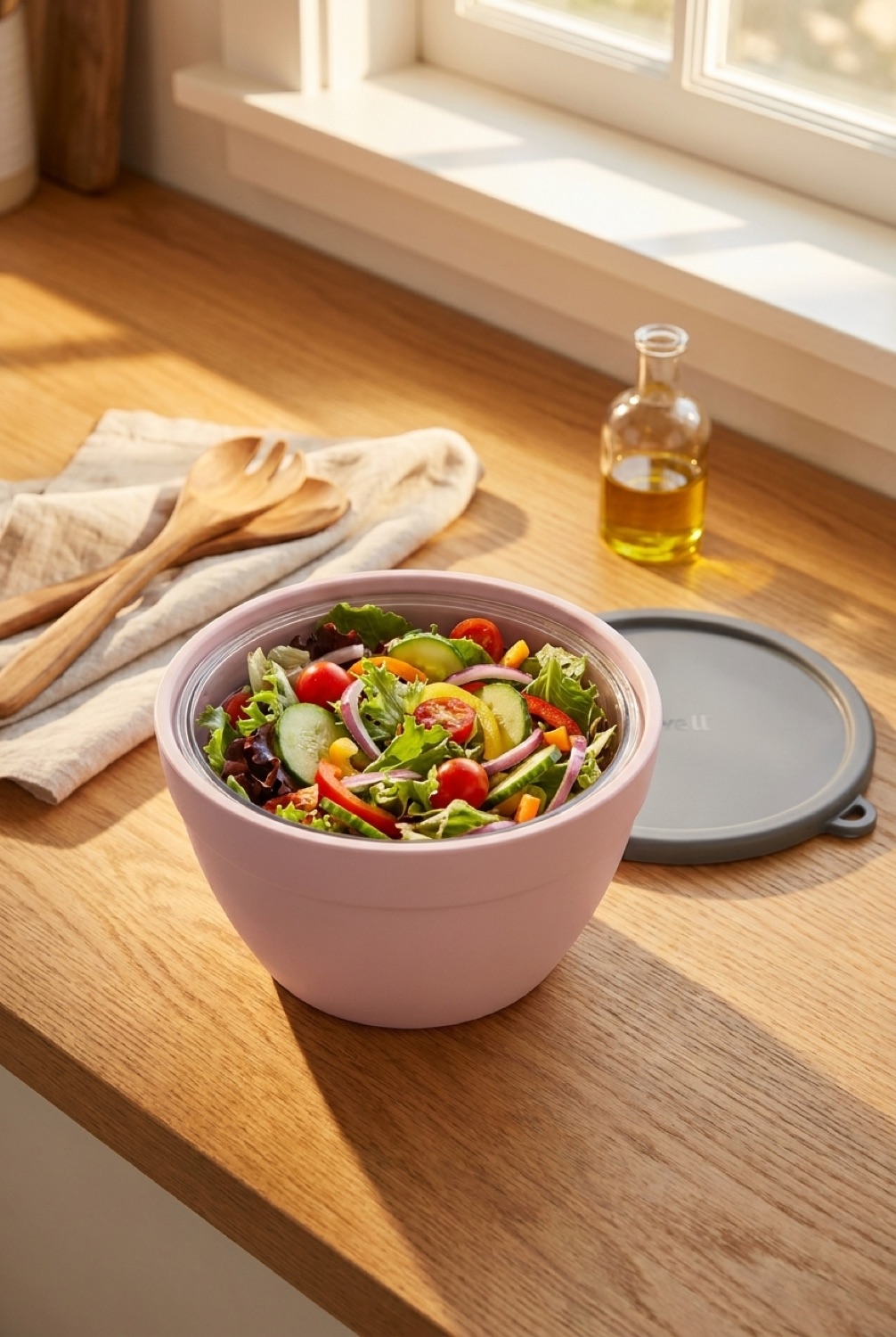 insulated salad bowl in soft golden-hour light