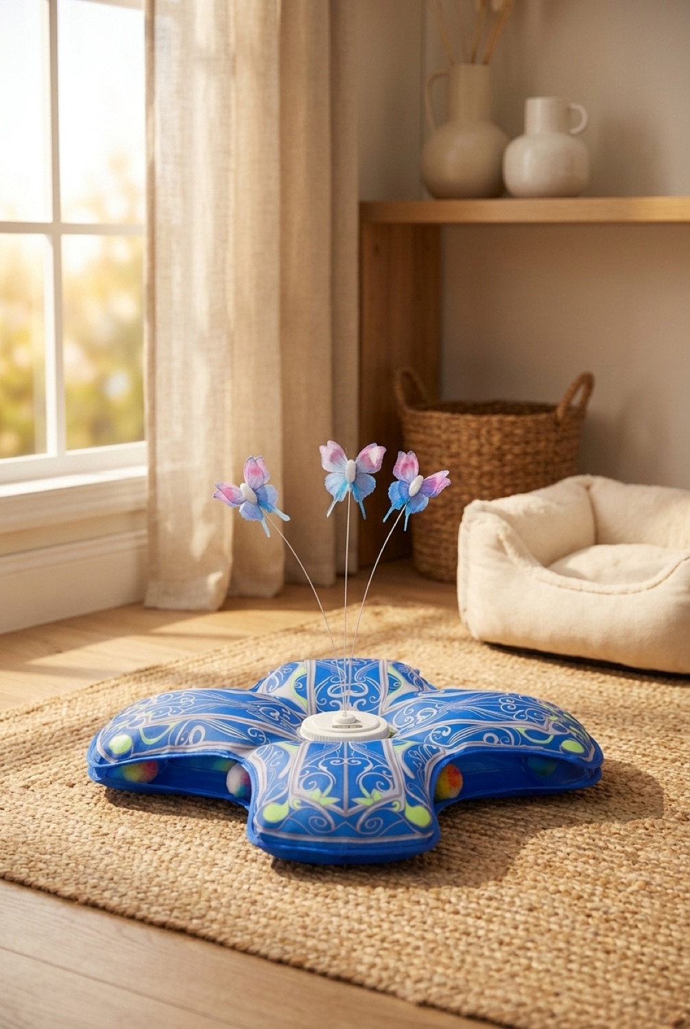 interactive cat toy in a cosy home pet corner in soft golden-hour light