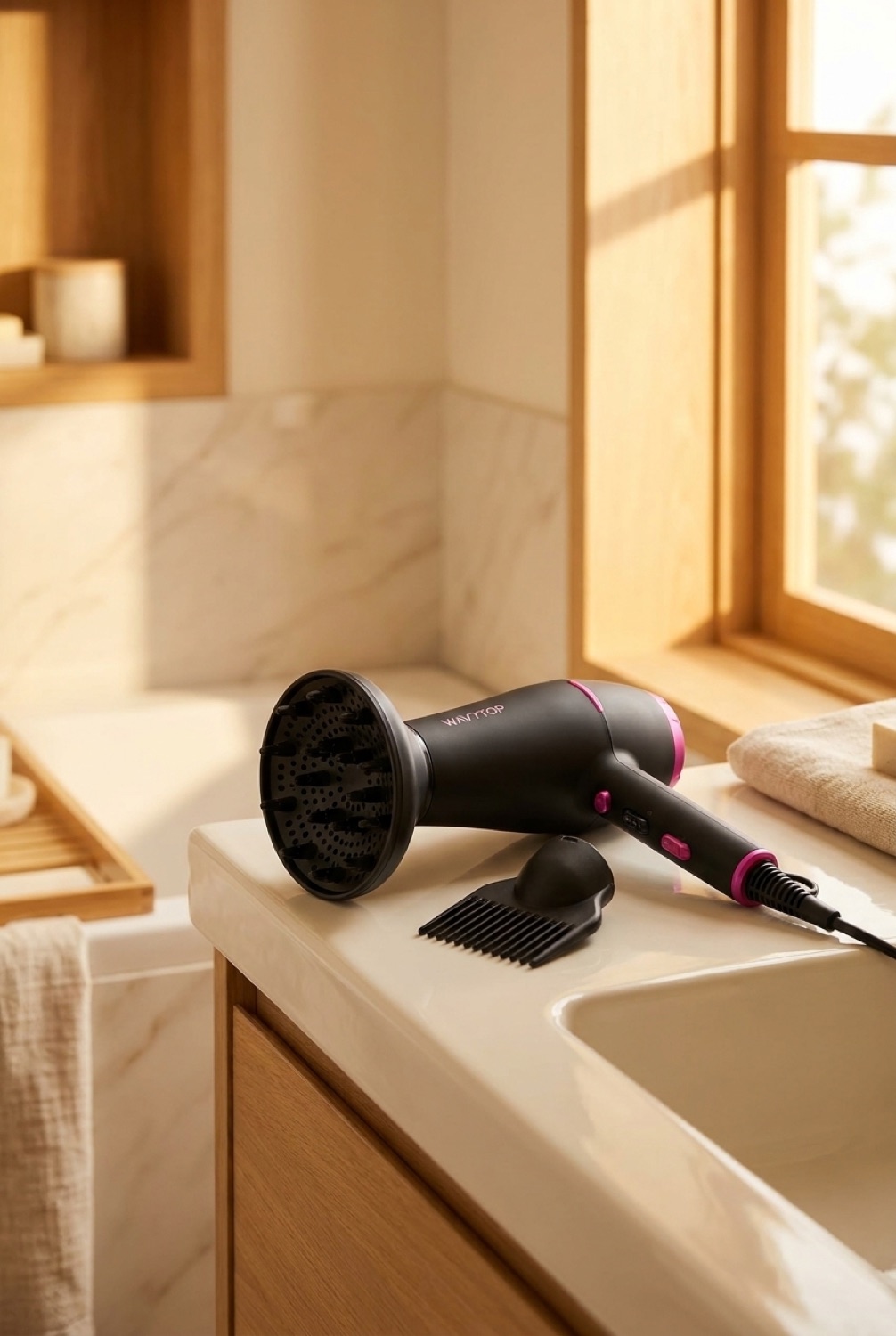 ionic dryer + diffuser on a calm bathroom vanity in soft golden-hour light