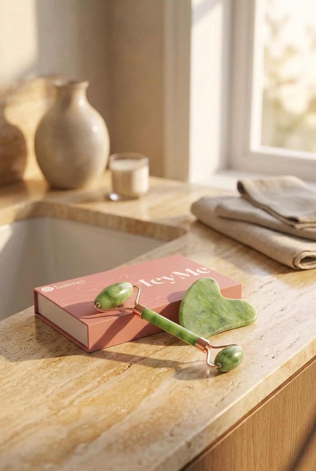 jade roller and gua sha set on a calm bathroom vanity in soft golden-hour light
