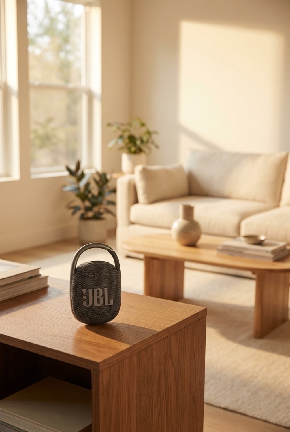 Jbl Clip 4 Speaker in a calm modern living room in soft golden-hour light