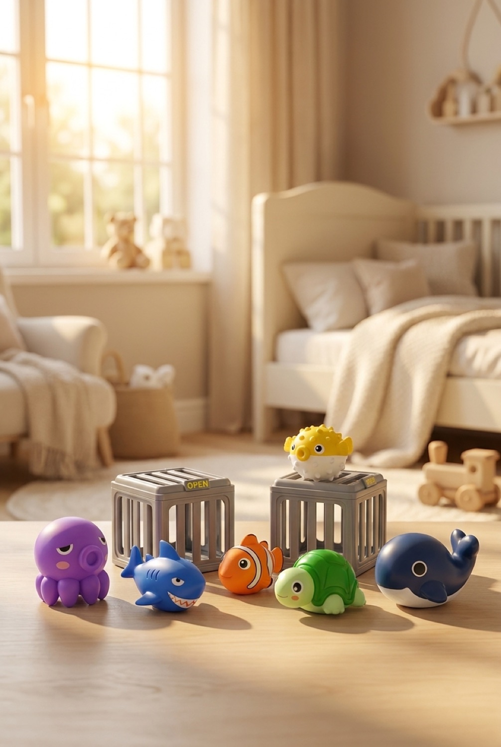 kids pool diving toys in a calm soft nursery in soft golden-hour light