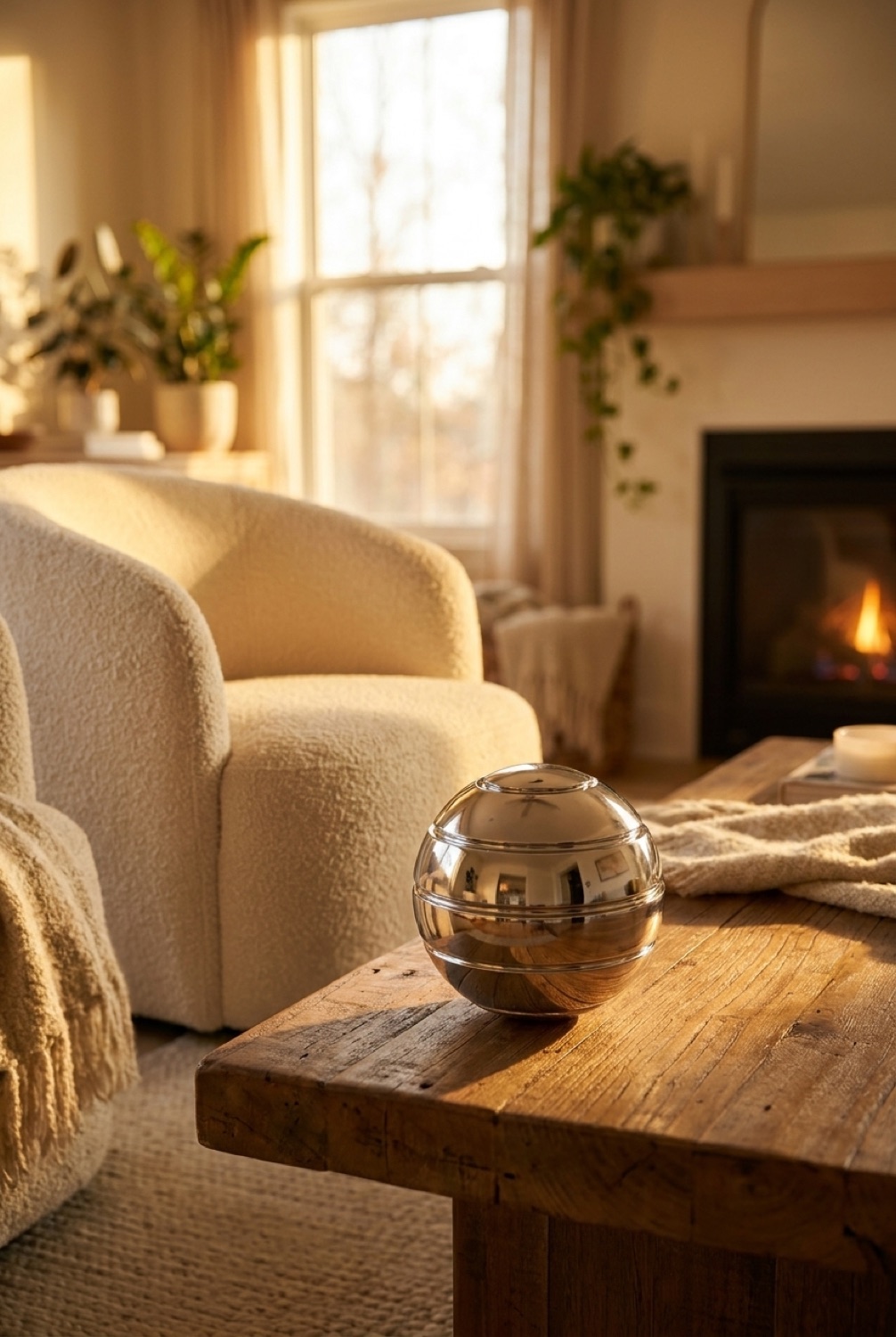 kinetic spinner ball in a warm cosy living room in soft golden-hour light