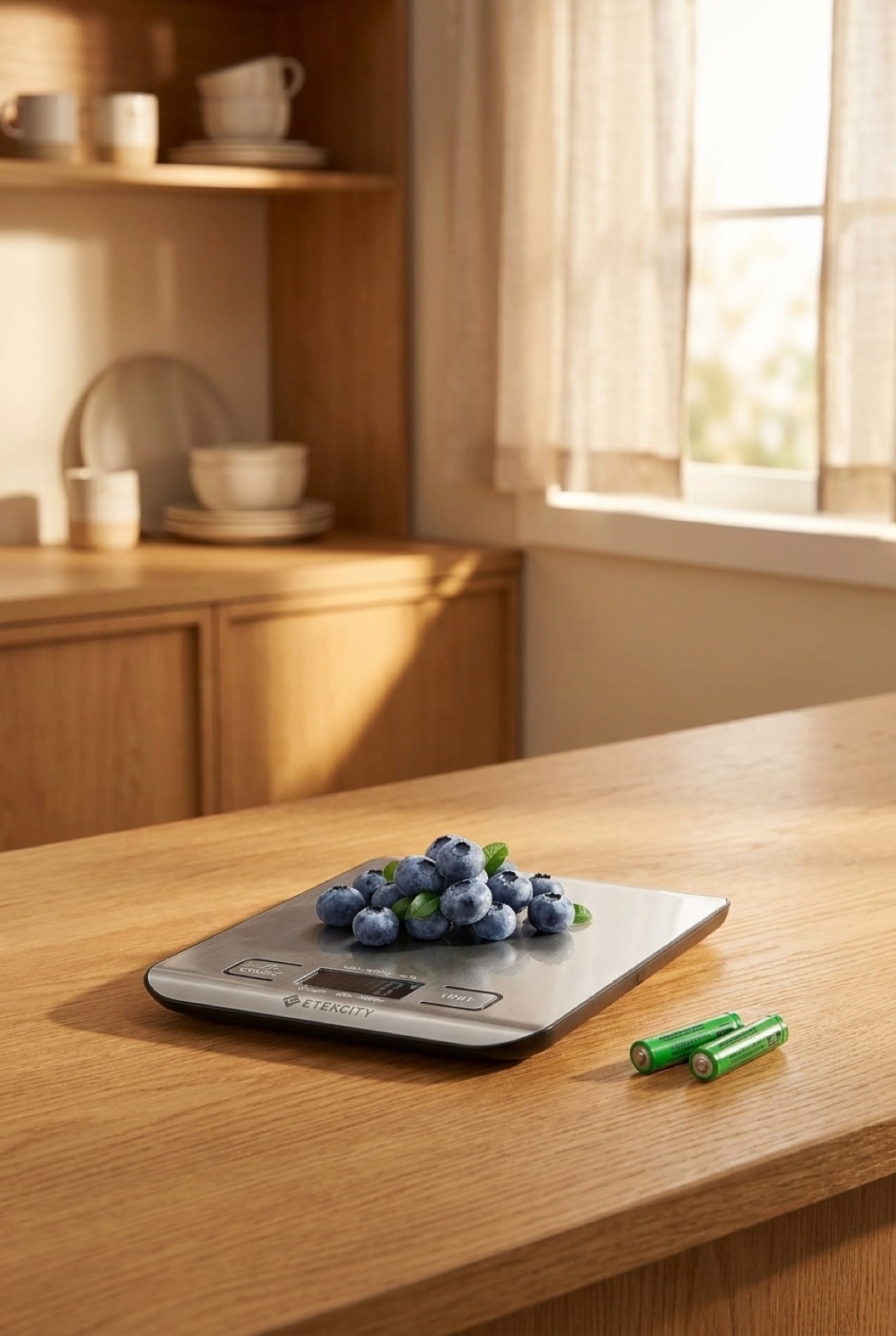 kitchen scale on a warm oak kitchen counter in soft golden-hour light