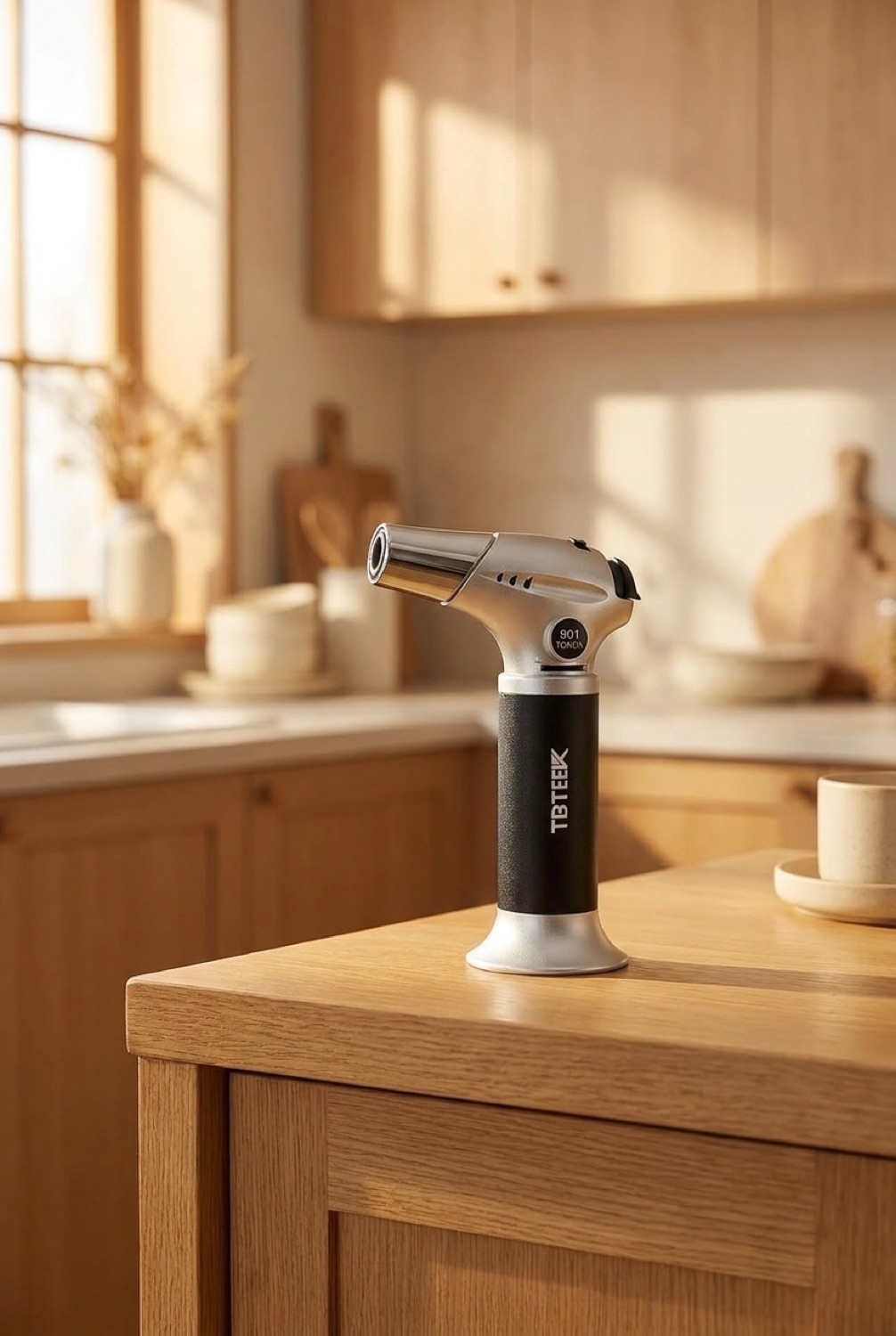 kitchen torch on a warm oak kitchen counter in soft golden-hour light