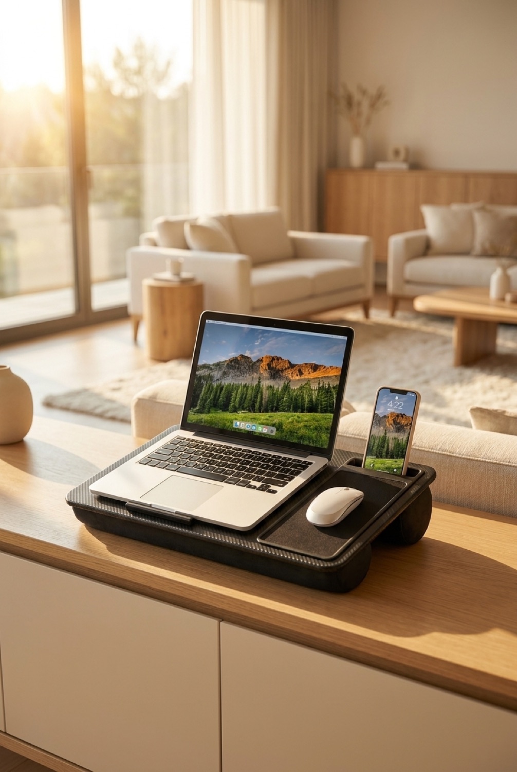 Lap Desk in a calm modern living room in soft golden-hour light