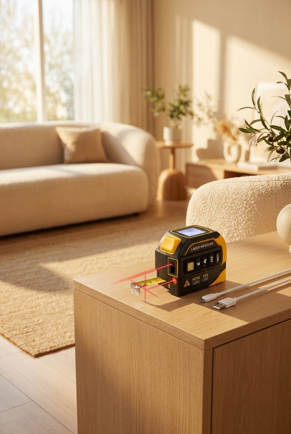 laser measuring tape on a clean modern console in soft golden-hour light