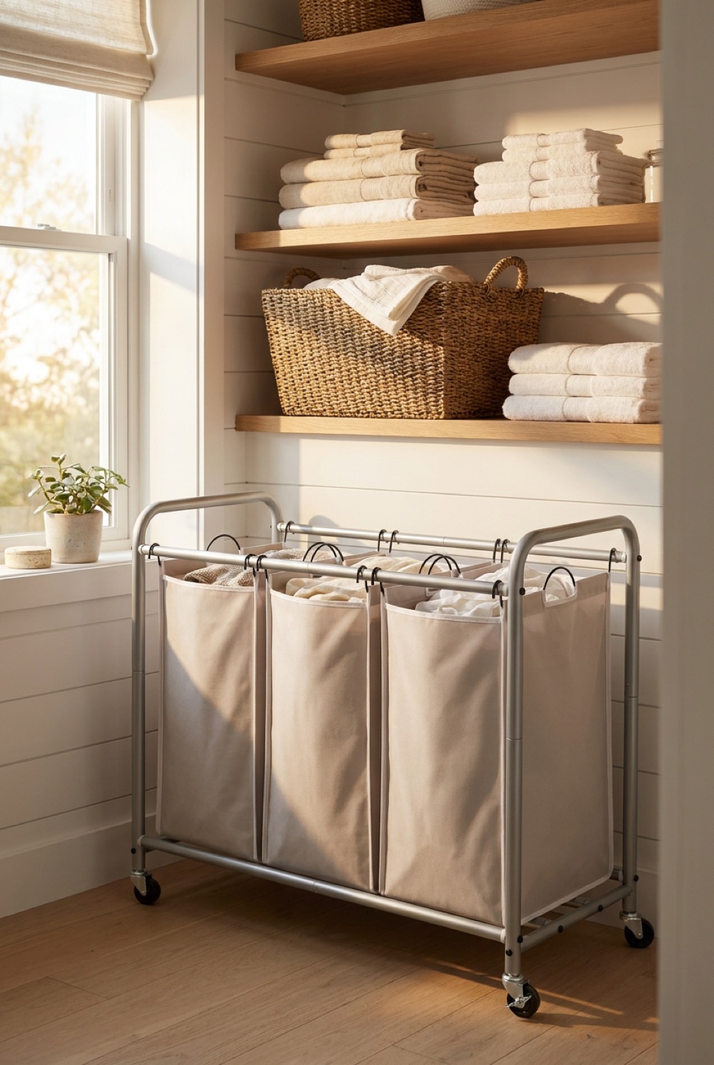 Three-section canvas laundry sorter in a bright farmhouse laundry nook