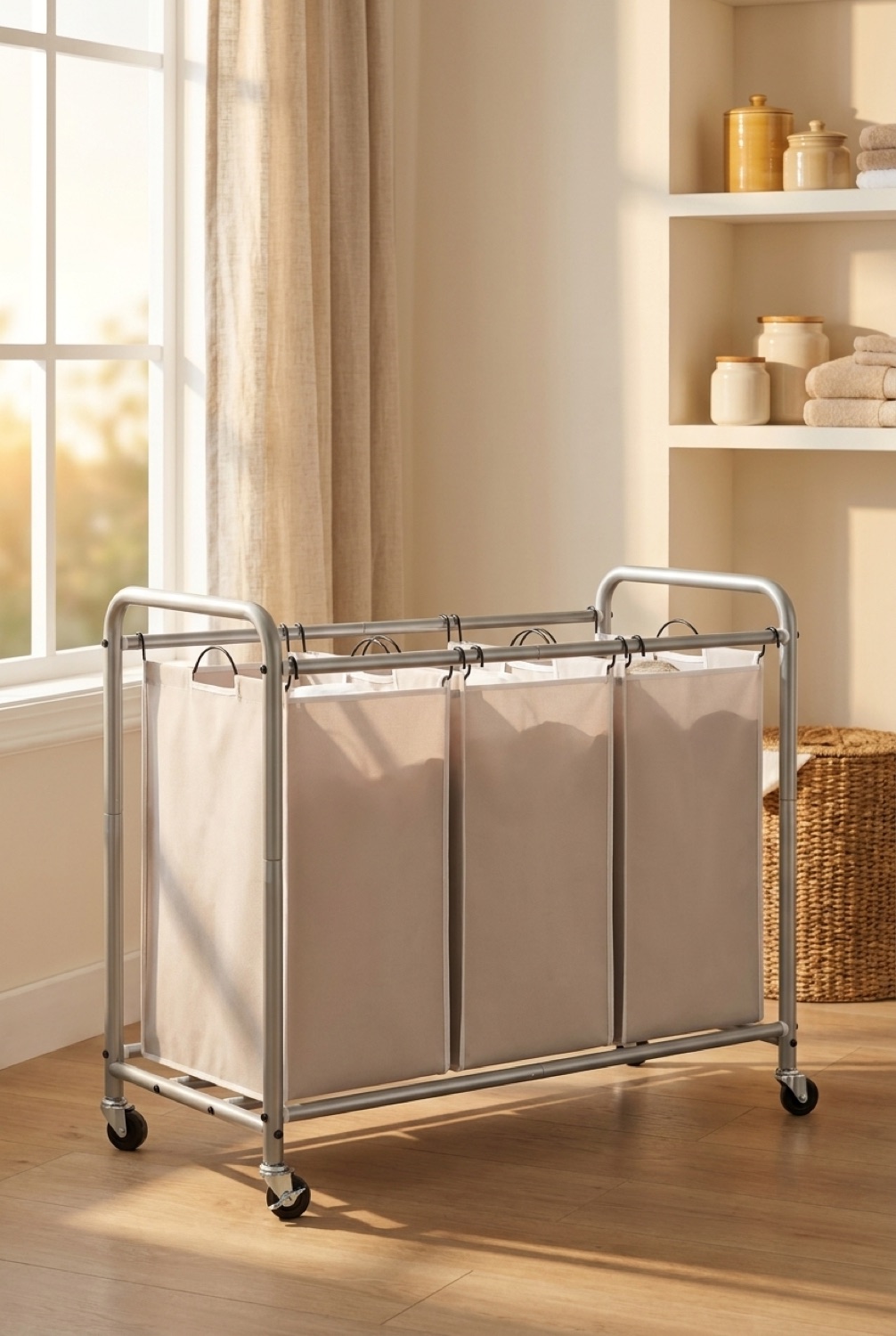 laundry sorter neatly arranged in a tidy space in soft golden-hour light