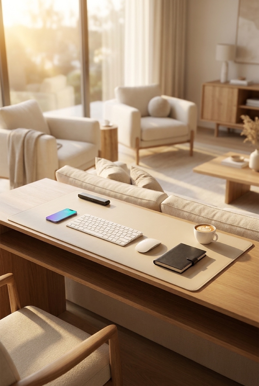 leather desk pad on a clean modern console in soft golden-hour light