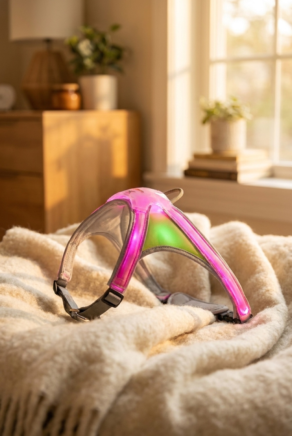 LED dog vest in a cosy home pet corner in soft golden-hour light