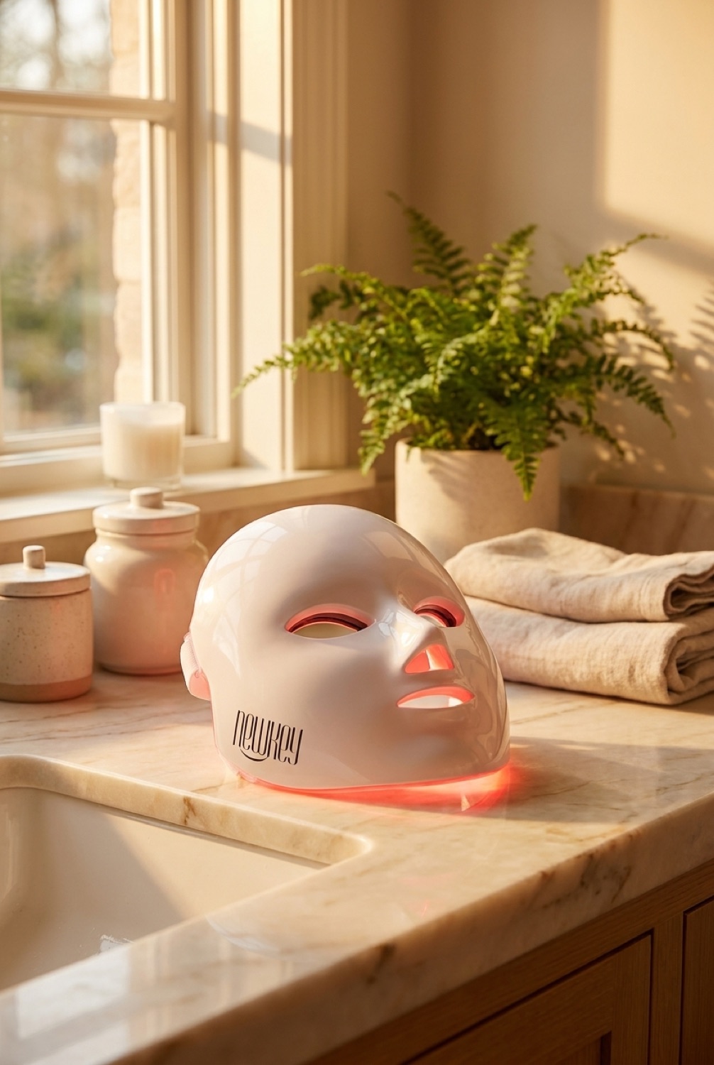 LED face mask on a calm bathroom vanity in soft golden-hour light