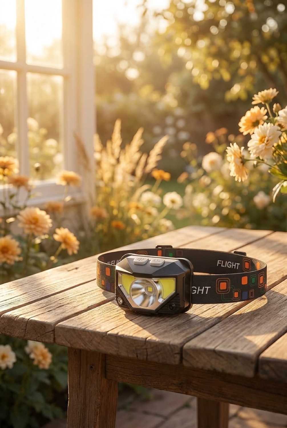 LED headlamp on a sunny garden patio in soft golden-hour light
