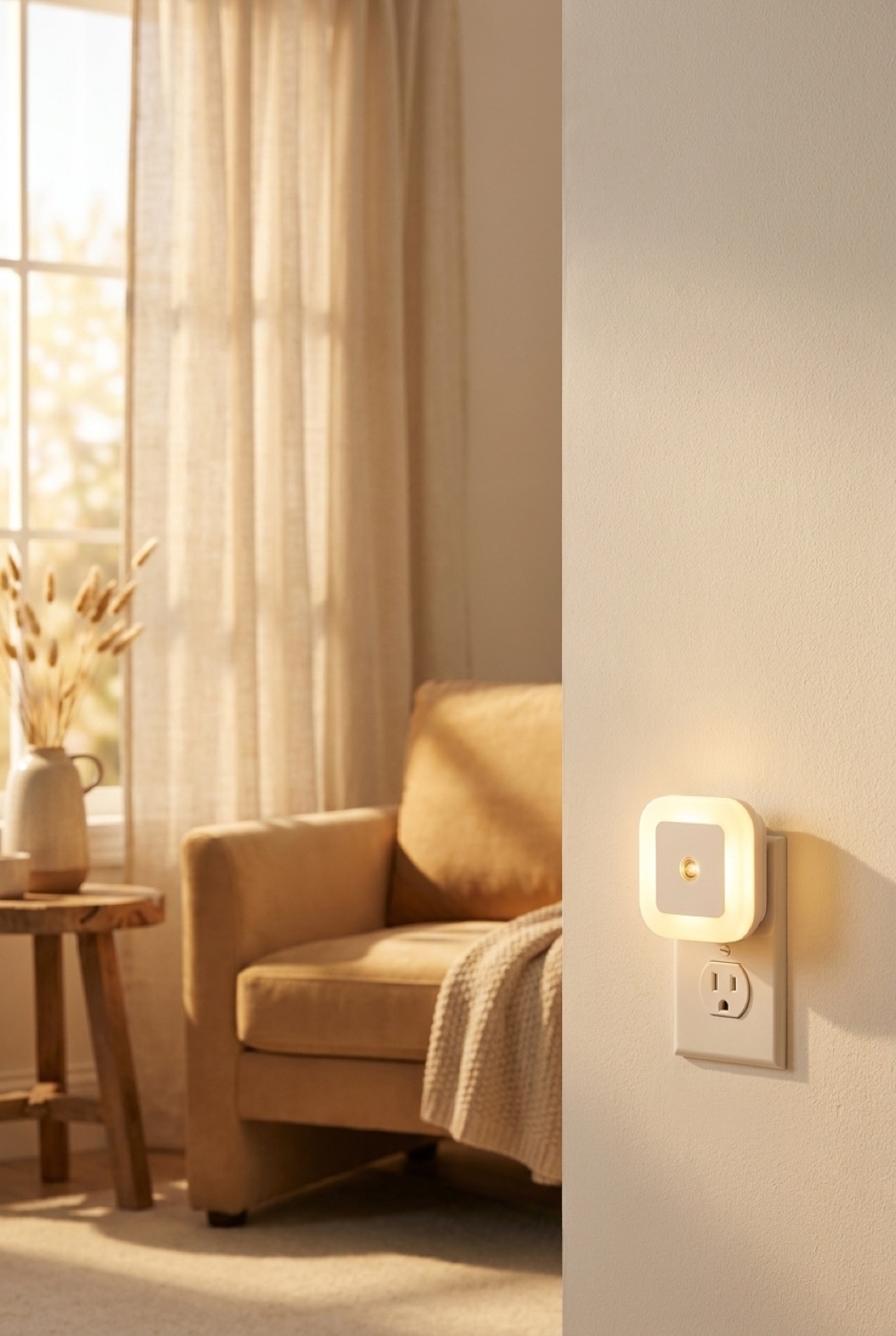 Led Night Light in a calm living room in soft golden-hour light