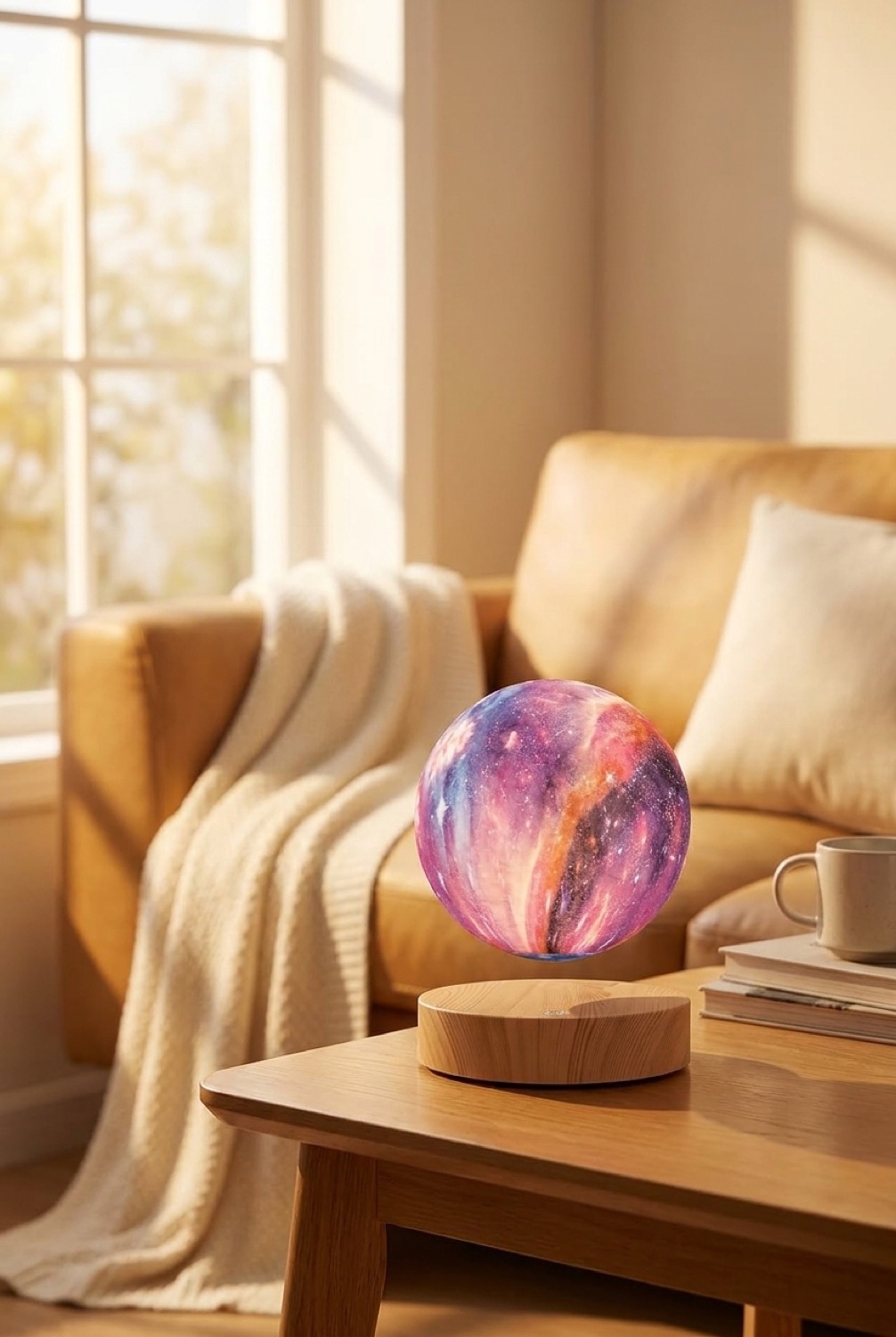 levitating moon lamp in a warm cosy living room in soft golden-hour light