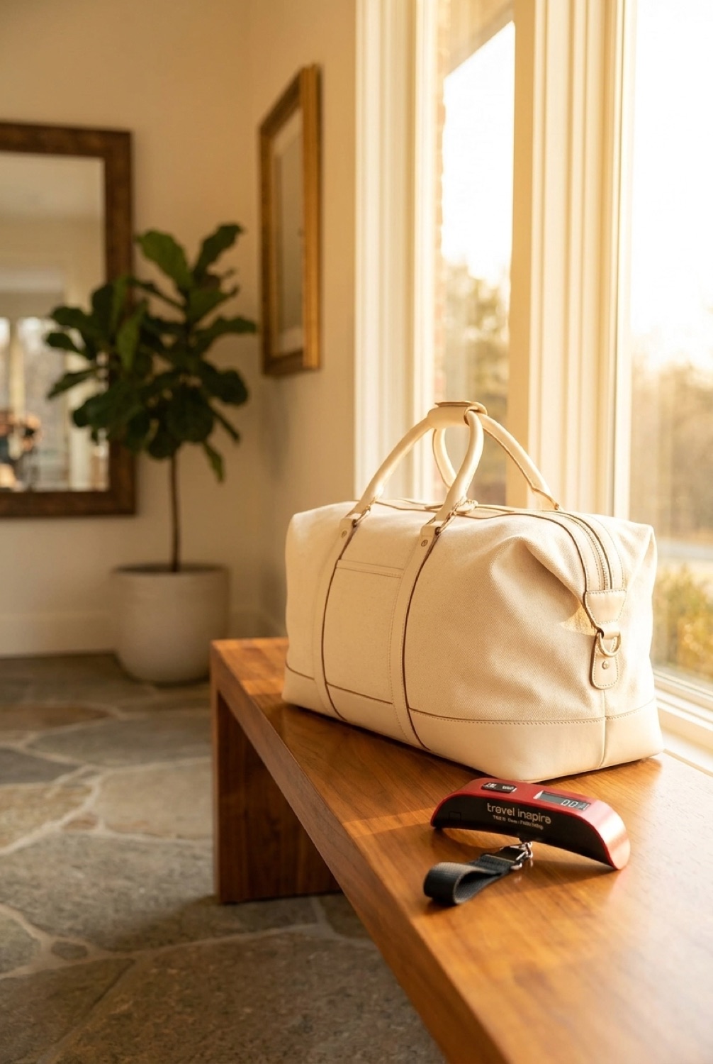 Luggage Scale in a calm bright entryway in soft golden-hour light