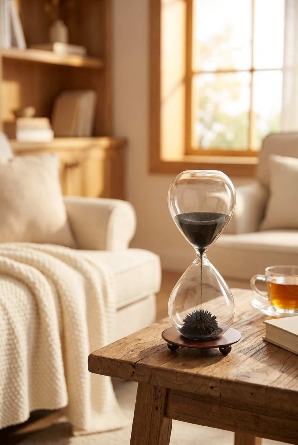 magnetic hourglass in a warm cosy living room in soft golden-hour light