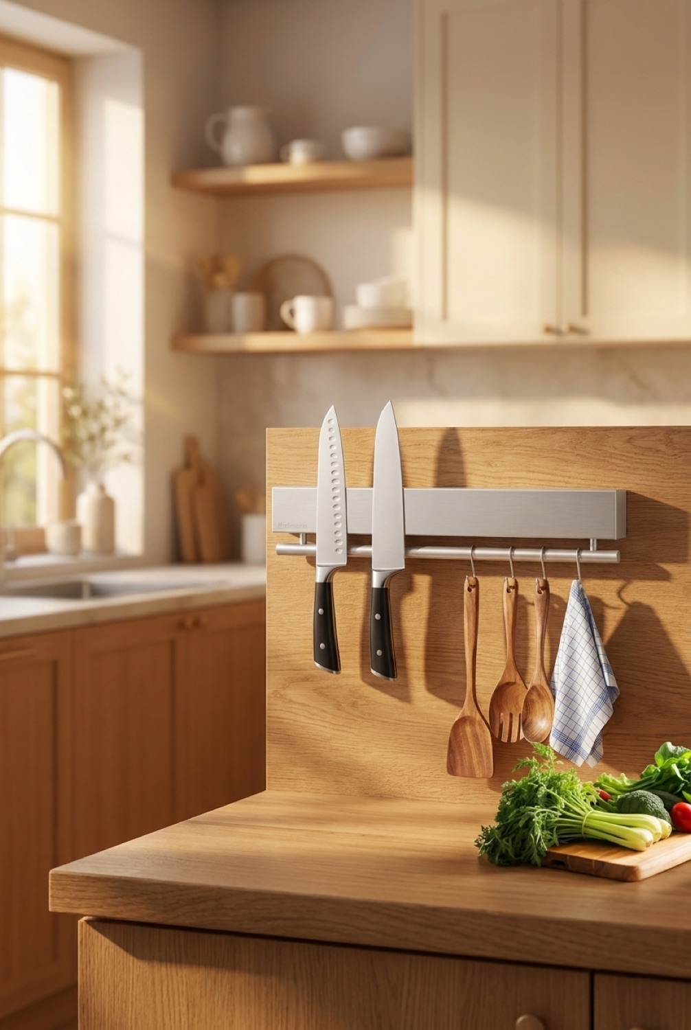 magnetic knife holder on a warm oak kitchen counter in soft golden-hour light