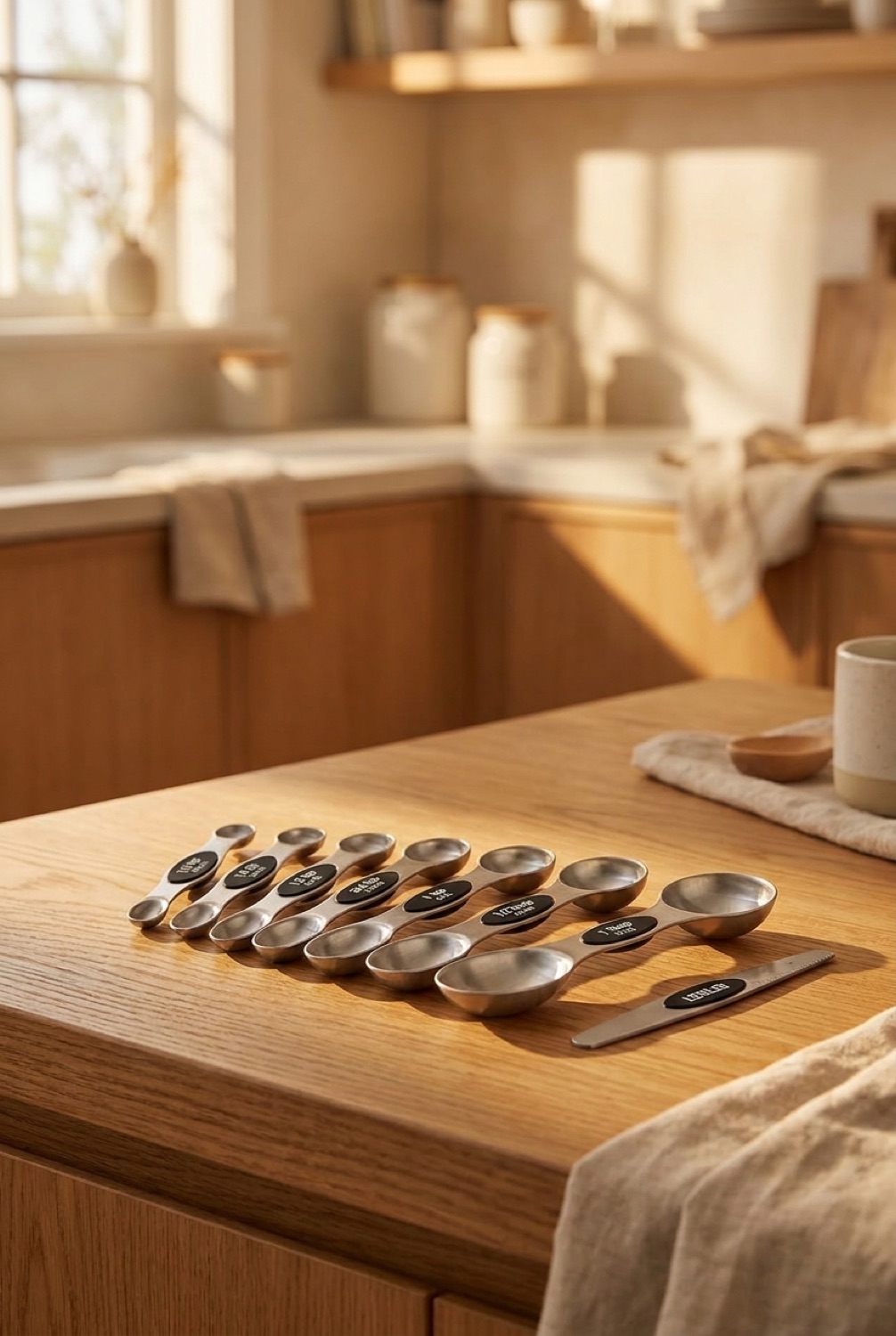Magnetic Measuring Spoons in a minimalist Scandinavian kitchen in soft golden-hour light