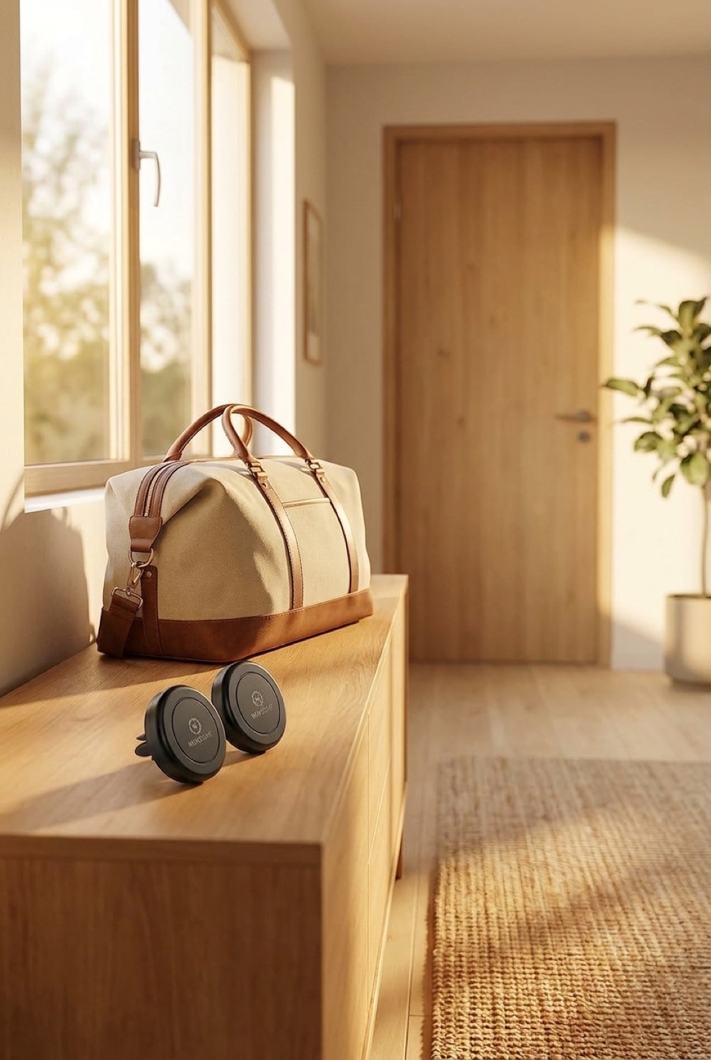 magnetic phone car mount beside a packed bag in a bright entryway in soft golden-hour light