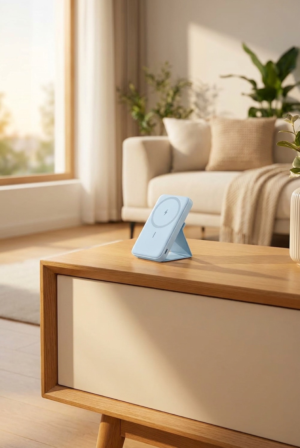 Magnetic Power Bank in a calm modern living room in soft golden-hour light