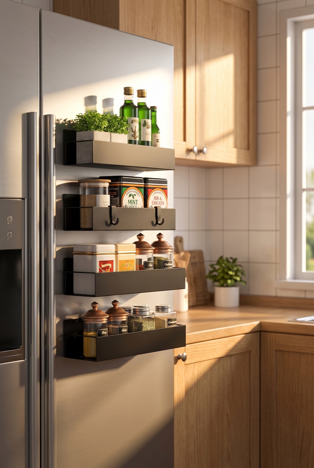 Magnetic Spice Rack in a minimalist Scandinavian kitchen in soft golden-hour light