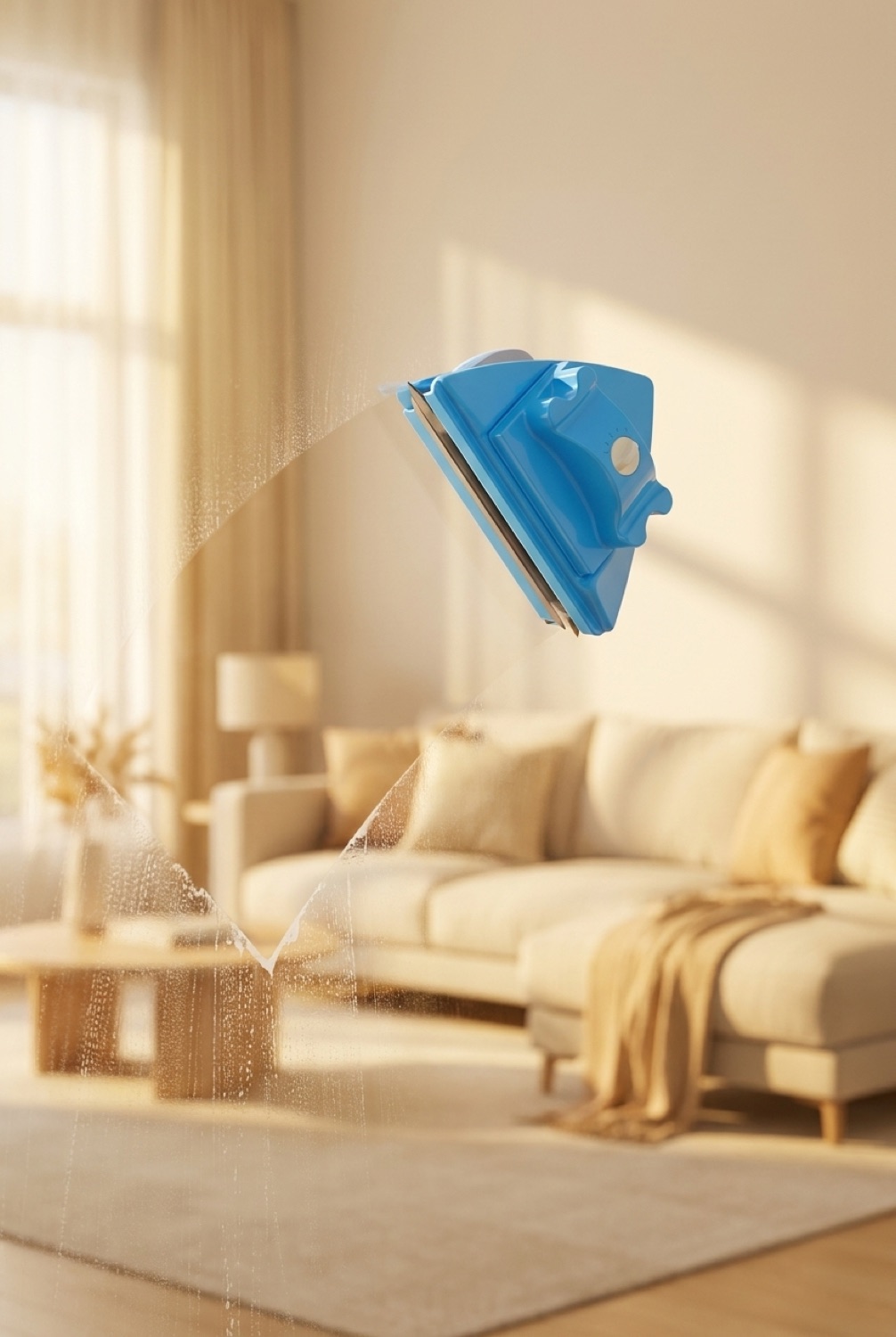 magnetic window cleaner in a bright spotless home in soft golden-hour light