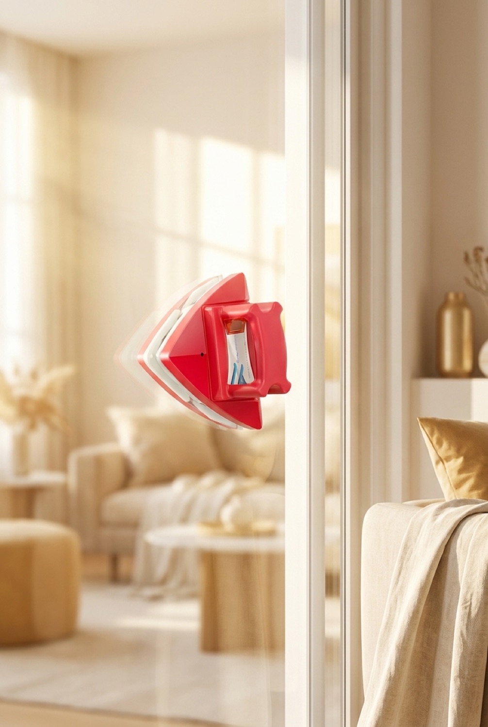 magnetic window cleaner in a bright spotless home in soft golden-hour light
