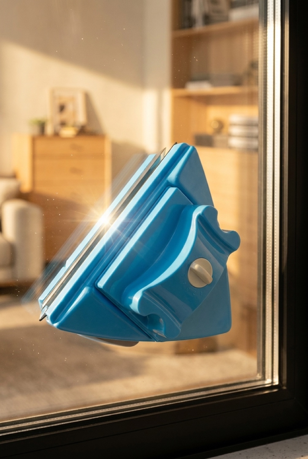 A magnetic window cleaner gripping a sunlit window pane, streak-free