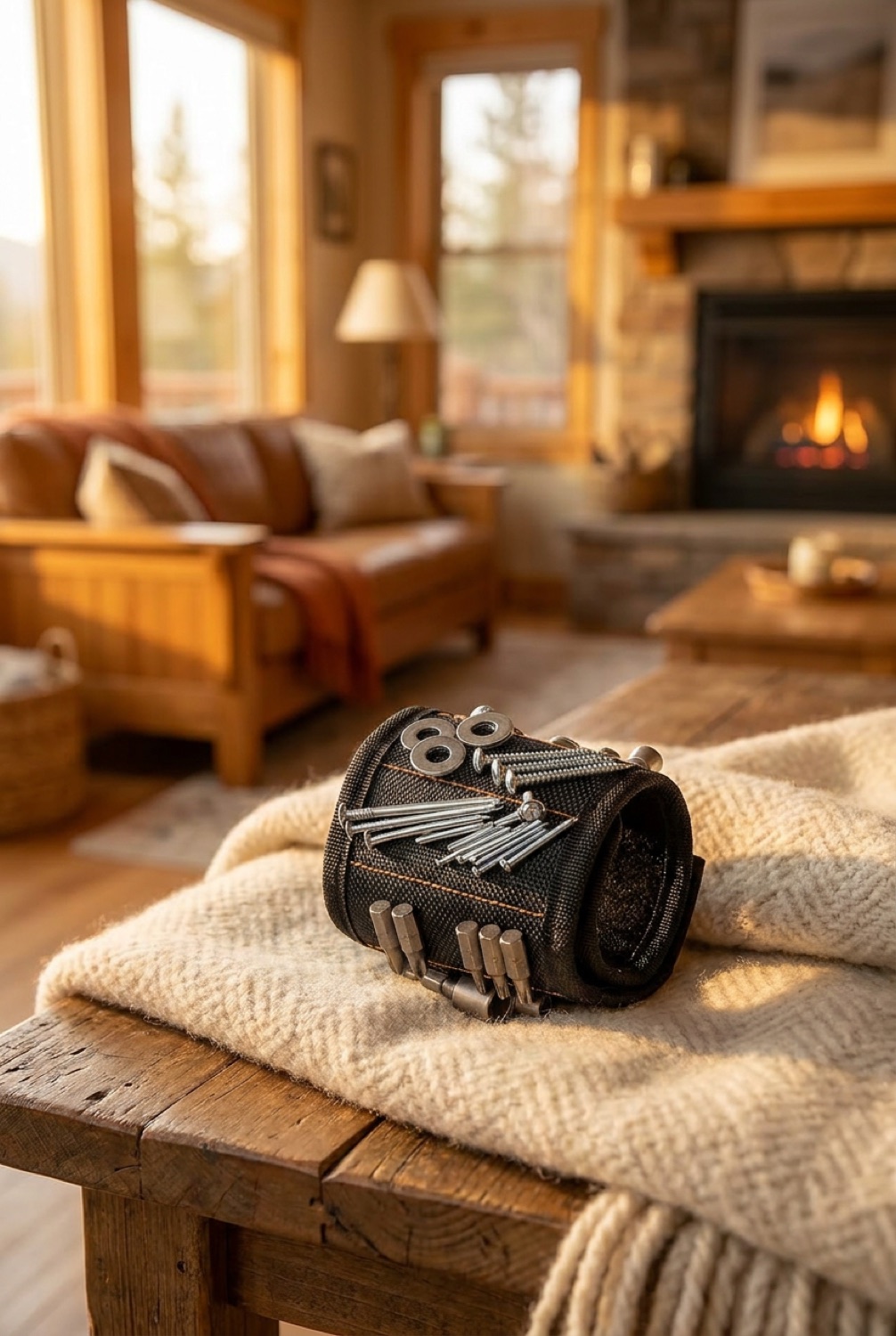 Magnetic Wristband in a calm living room in soft golden-hour light