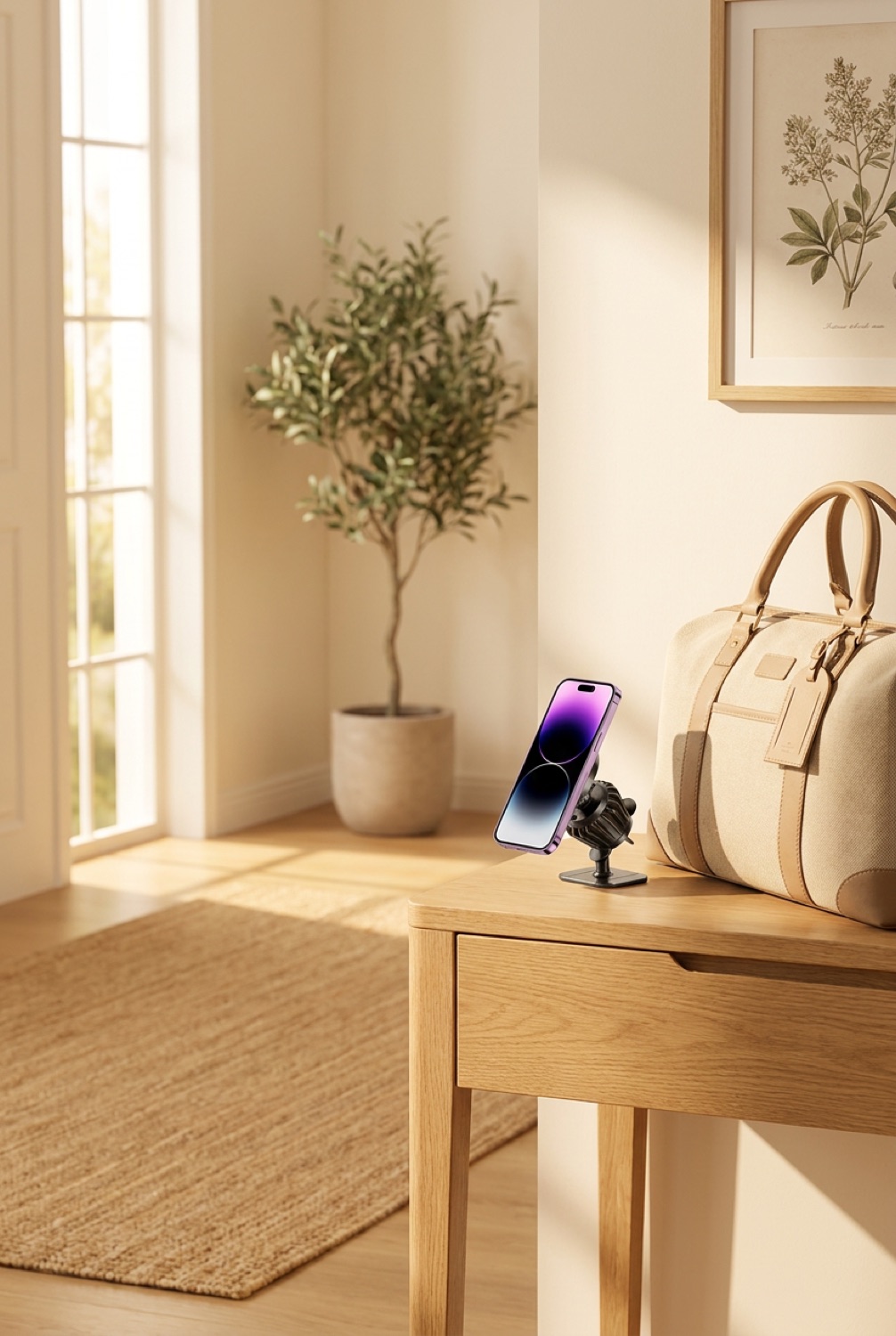 magsafe car phone mount beside a packed bag in a bright entryway in soft golden-hour light