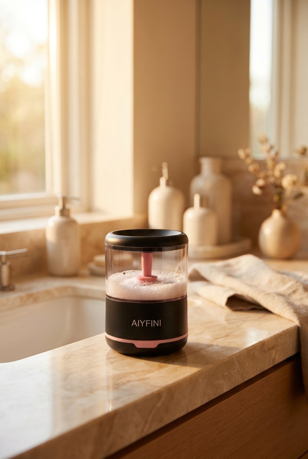 makeup brush cleaner on a calm bathroom vanity in soft golden-hour light