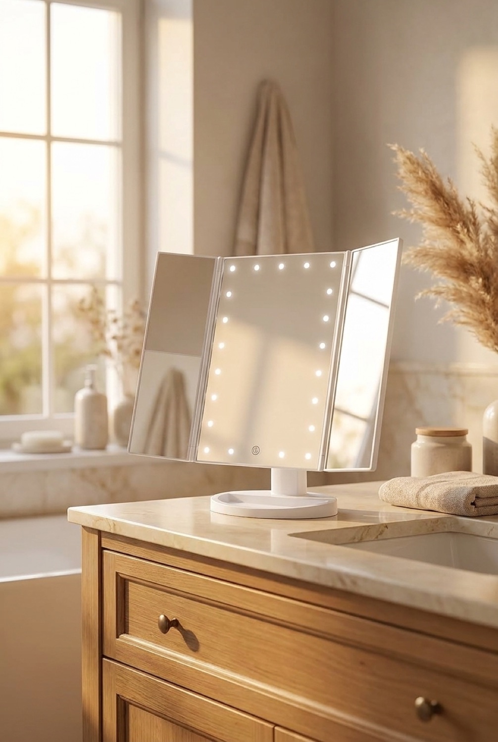 makeup vanity mirror on a calm bathroom vanity in soft golden-hour light