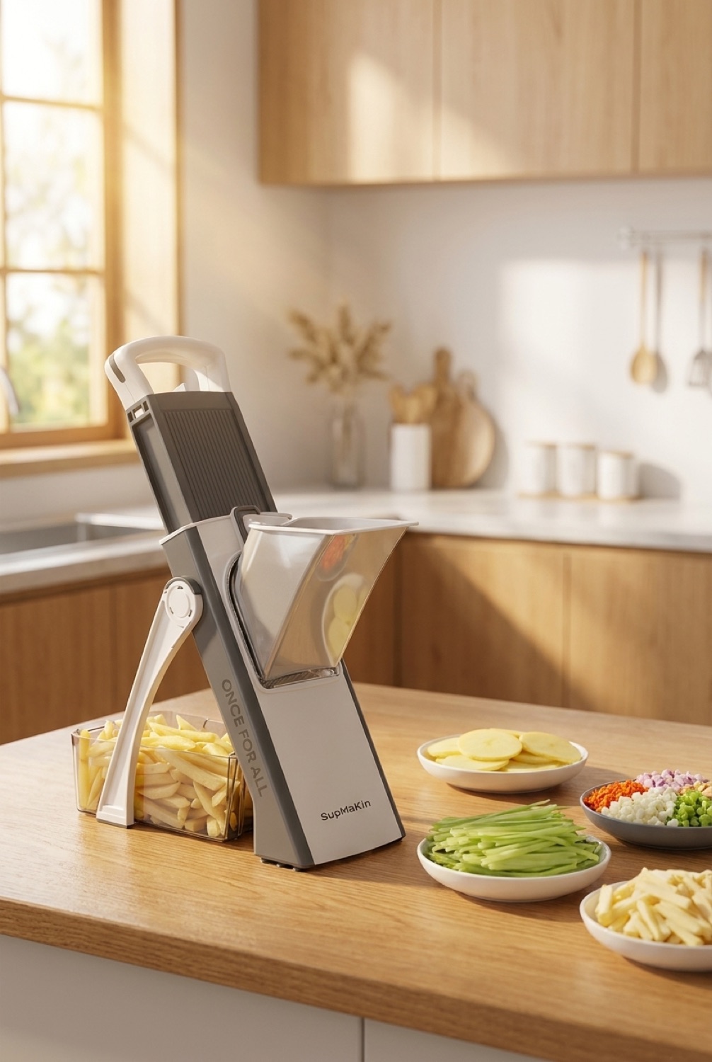 mandoline slicer on a warm oak kitchen counter in soft golden-hour light