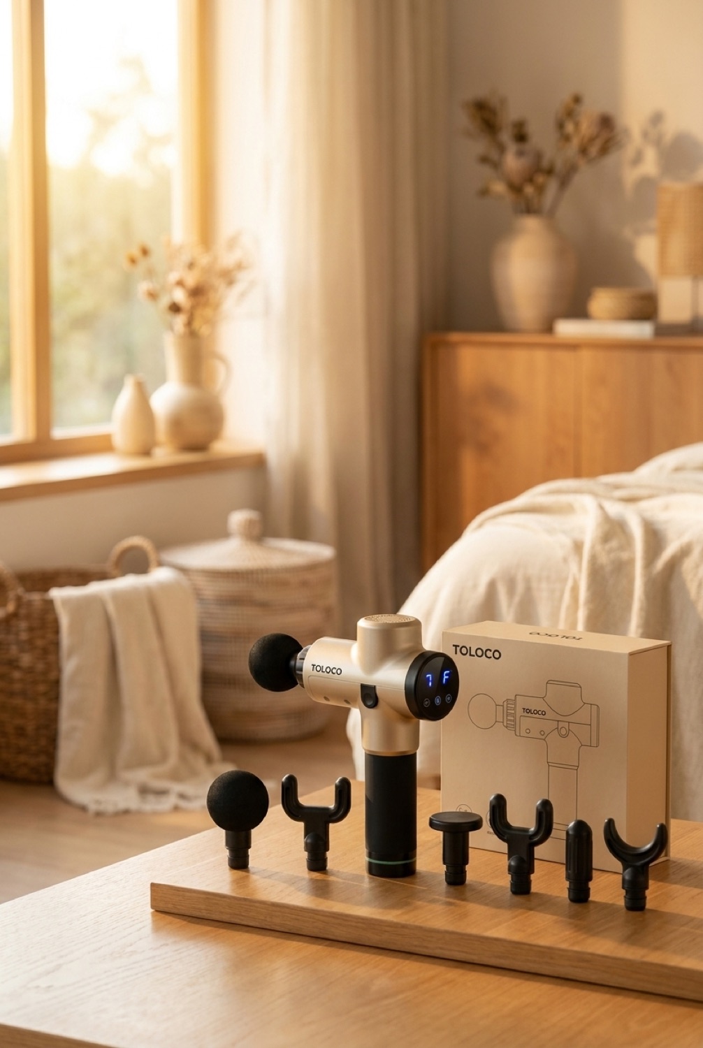 massage gun in a calm wellness corner in soft golden-hour light