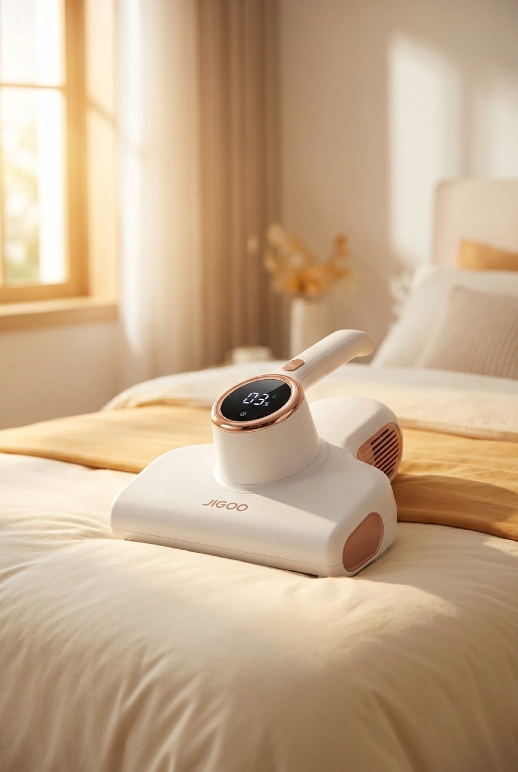 Mattress Vacuum in a calm clean home in soft golden-hour light