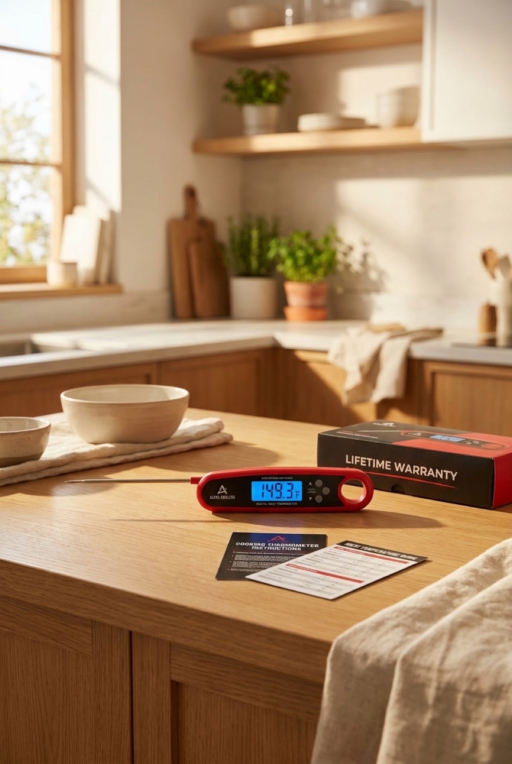 Meat Thermometer in a minimalist Scandinavian kitchen in soft golden-hour light