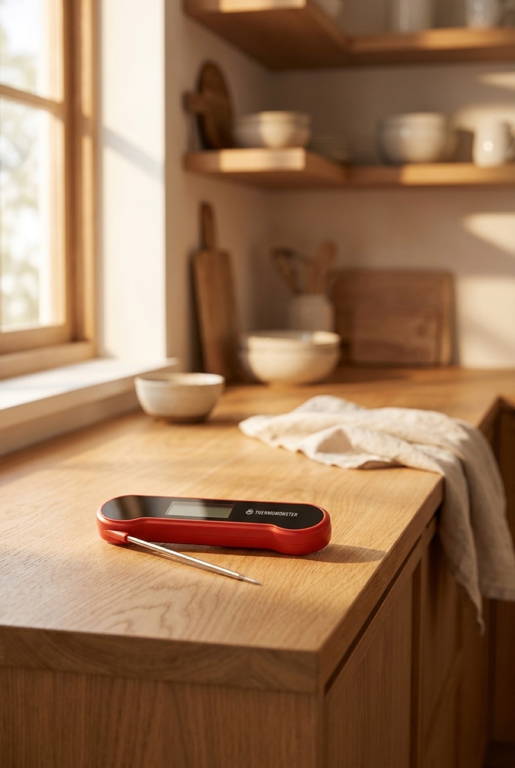 Meat Thermometer in a minimalist Scandinavian kitchen in soft golden-hour light