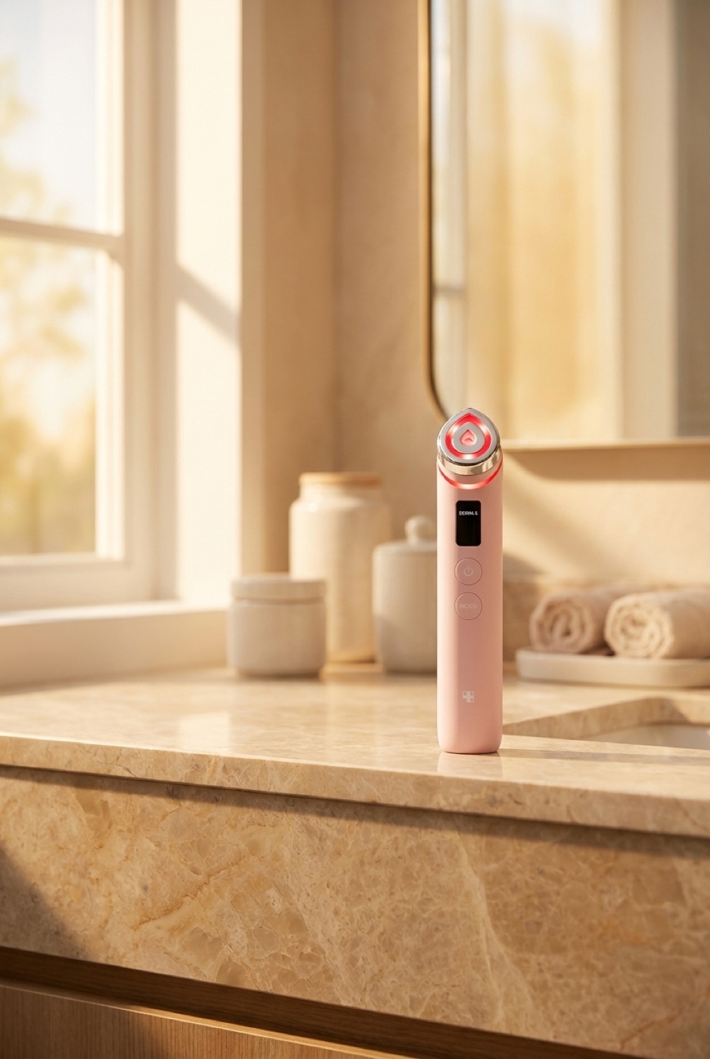 medicube booster pro on a calm bathroom vanity in soft golden-hour light