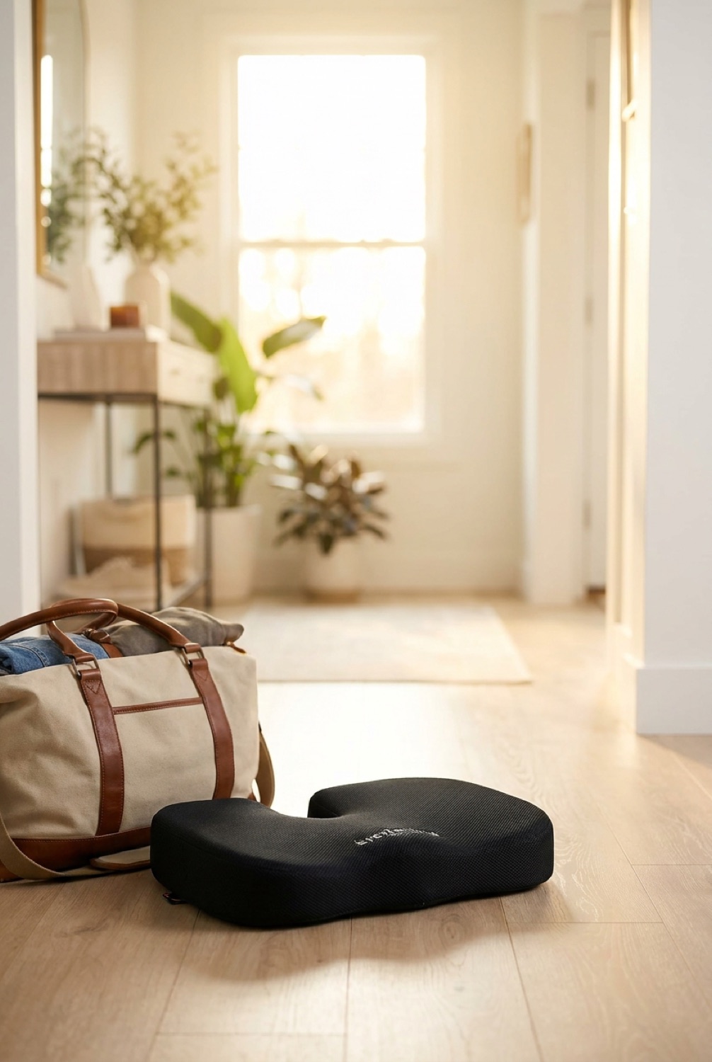 memory foam seat cushion beside a packed bag in a bright entryway in soft golden-hour light
