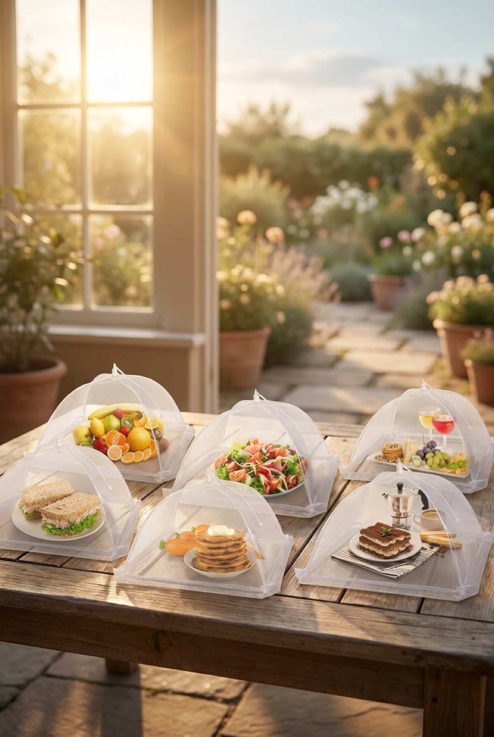 mesh food covers on a sunny garden patio in soft golden-hour light